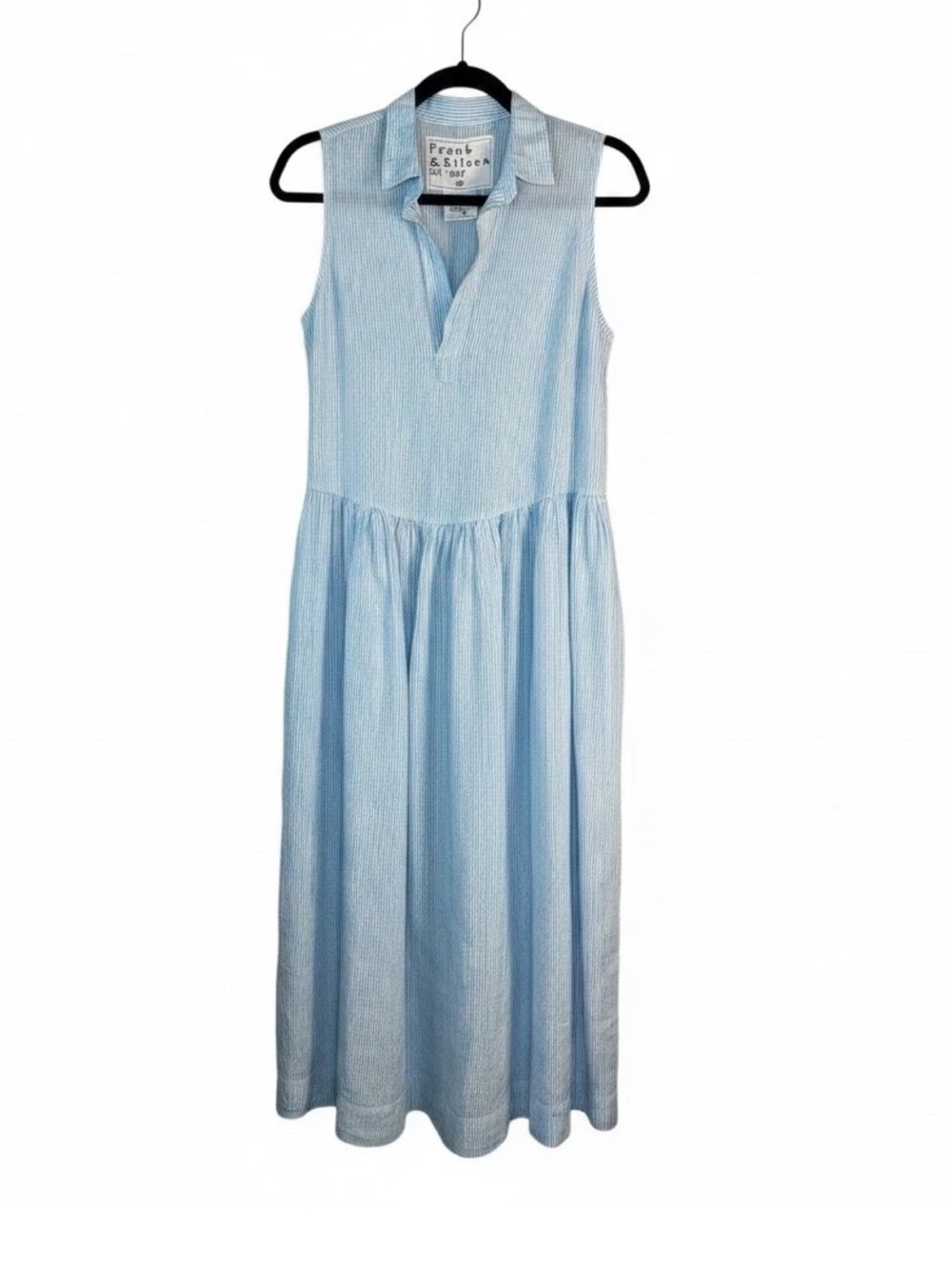 Frank & Eileen Daphne Linen Sleeveless Blue White Striped Dress Size XS Travel